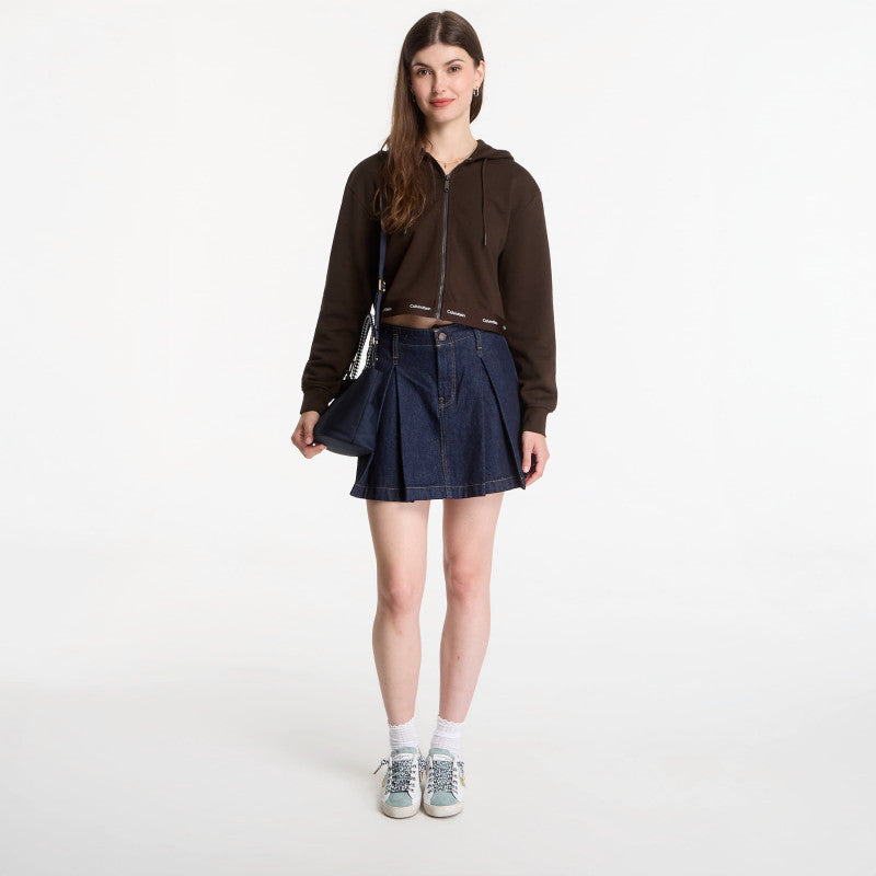 Calvin Klein Jeans Ls Terry Logo Waist Cropped Fz Hoodie Dark Coffee