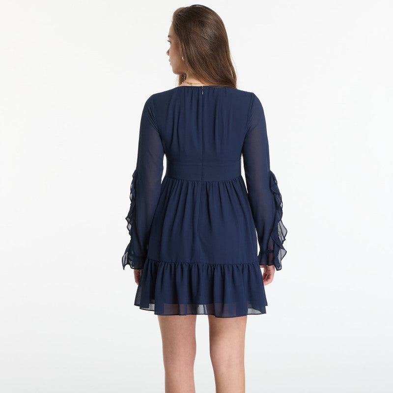 Sukienka Michael Kors Ruffled Georgette Long-Sleeve Dress Midnight Blue