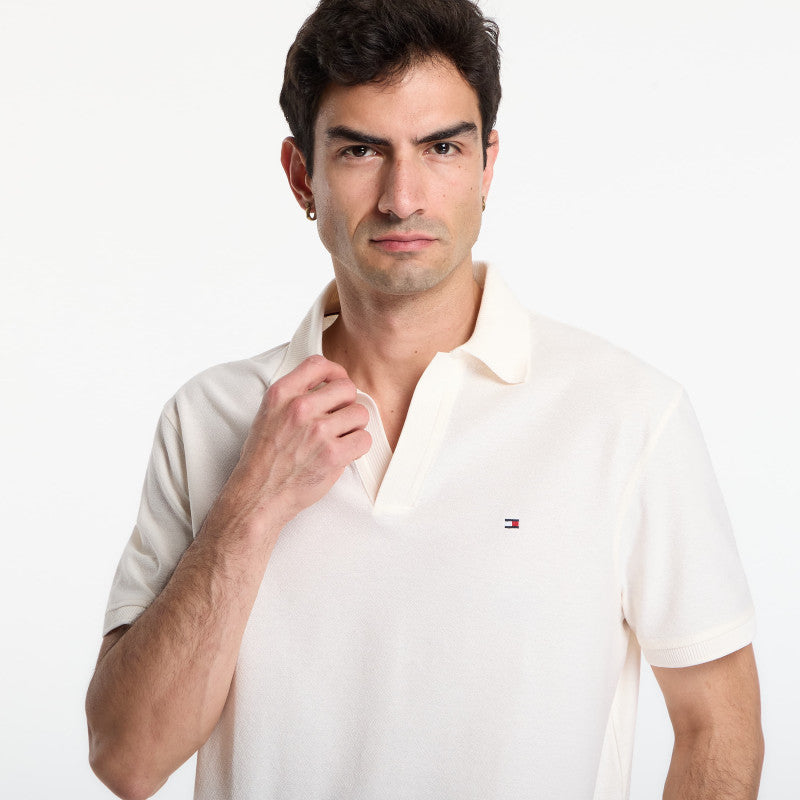 Tommy Hilfiger V Neck Crepe Classic Polo Tee Ivory Petal