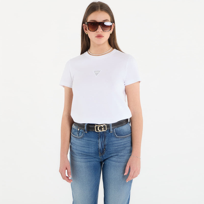 Guess Jeans Ss Cn Mini Strass Triangle Tee Pure White