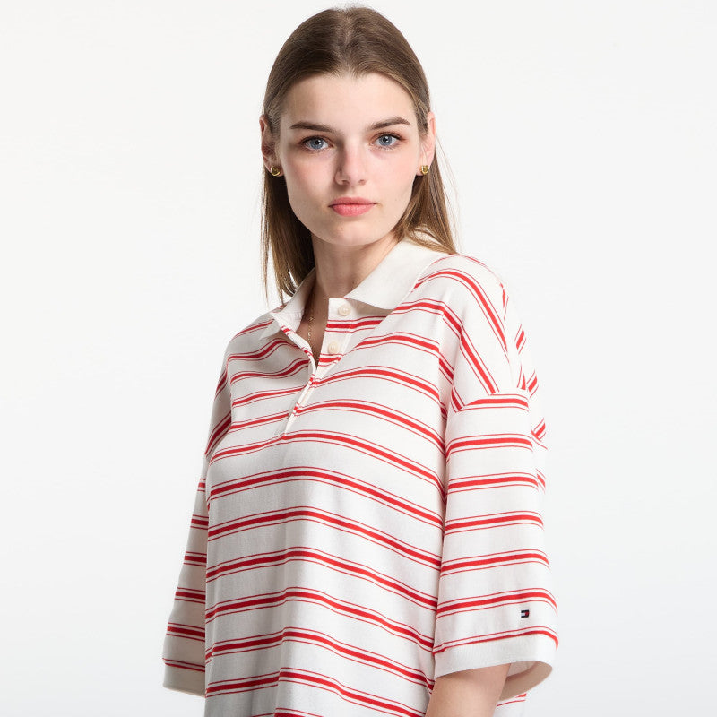 Tommy Hilfiger Multistp Oversized Ss Polo Tee Multi Stp Ecru / Fire Red